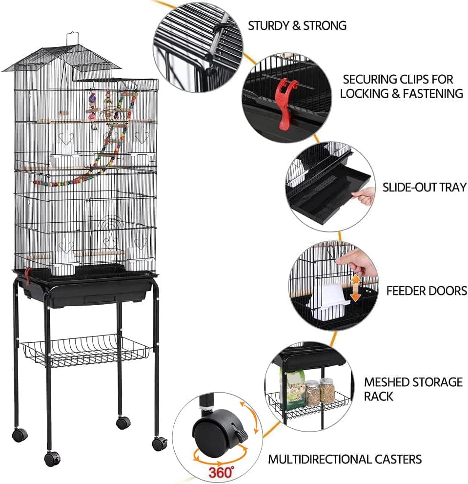 Roof Top Large Bird cage with Rolling Stand for Cockatiel Sun Conure Parakeet