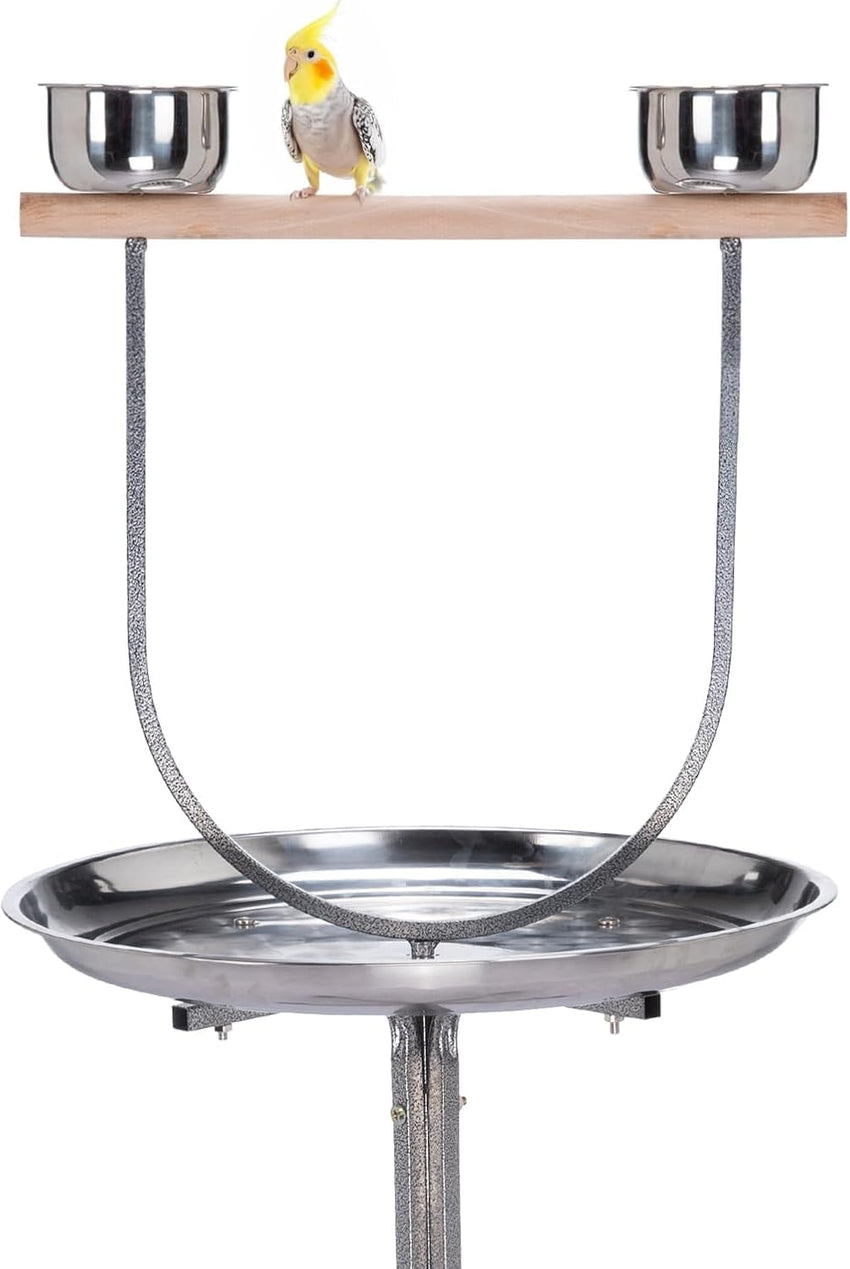 Egardenkart Premium Bird Play Top Stand with Wooden Perch and Stainless Steel Bowls - Mess-Free Feeding and Playtime Solution! White