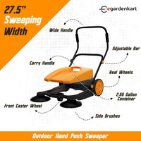 Egardenkart, Walk-Behind Outdoor Hand Push Sweeper - 2.66 Gallon Capacity, 27.5" Sweeping width, Sweeps up to 19,000 ft²/Hour,