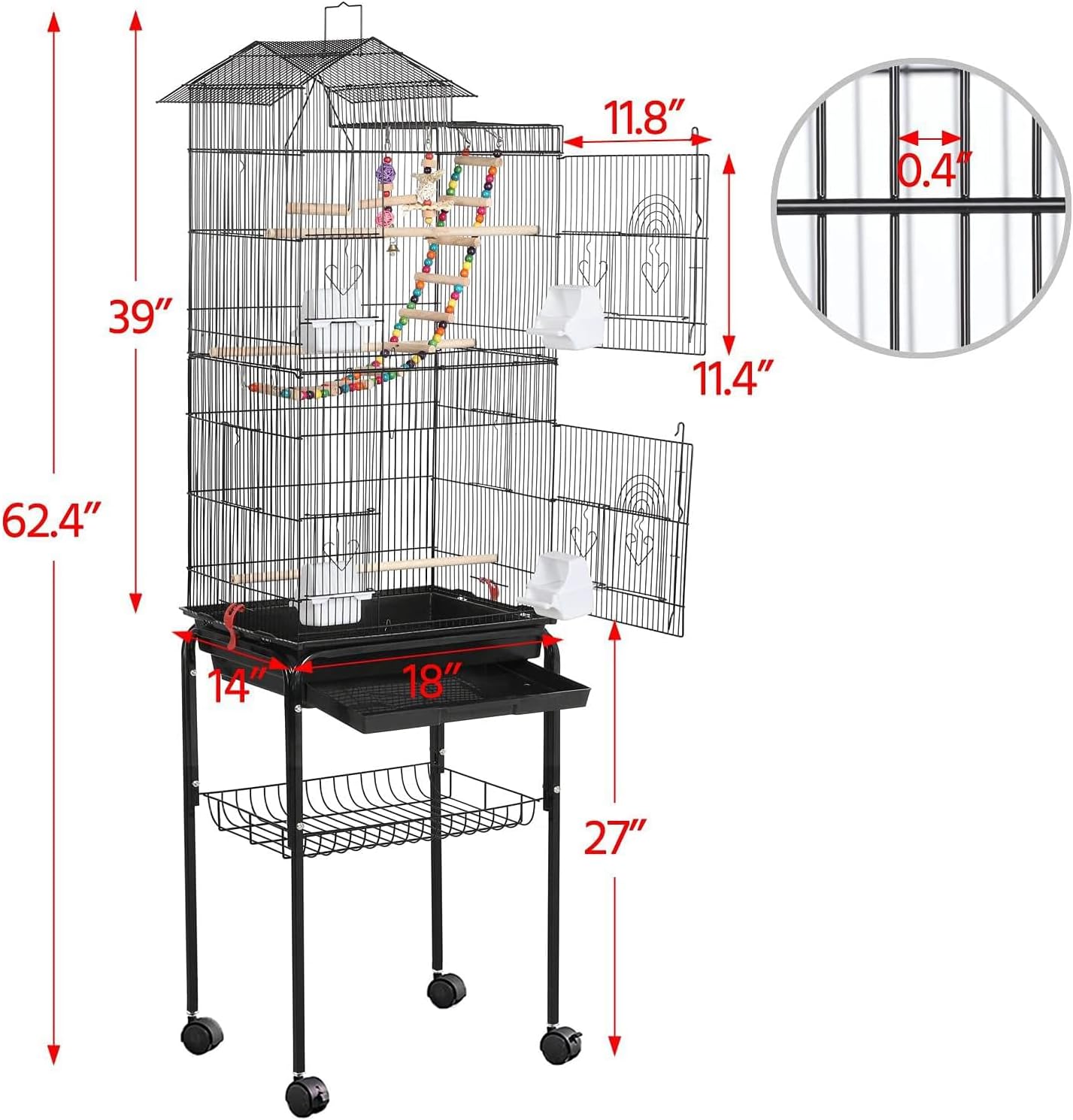 Roof Top Large Bird cage with Rolling Stand for Cockatiel Sun Conure Parakeet