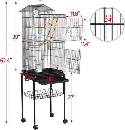 Roof Top Large Bird cage with Rolling Stand for Cockatiel Sun Conure Parakeet