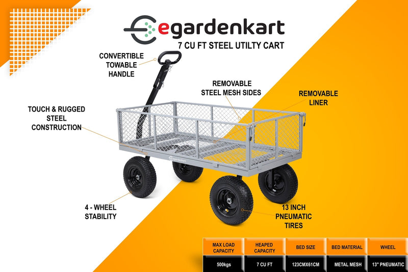 Egardenkart Heavy Duty Garden Cart, 500kg Capacity, Rugged Steel Frame & Removable Sides